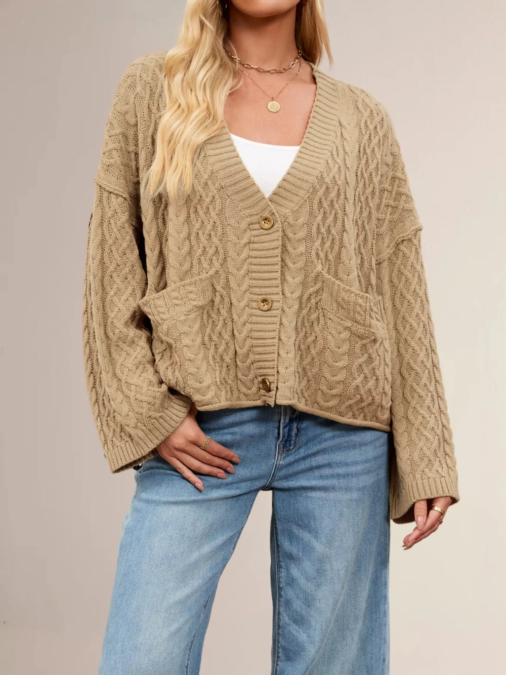 Cable Knit Button-Down Cardigan - Trendsi - Flyclothing LLC