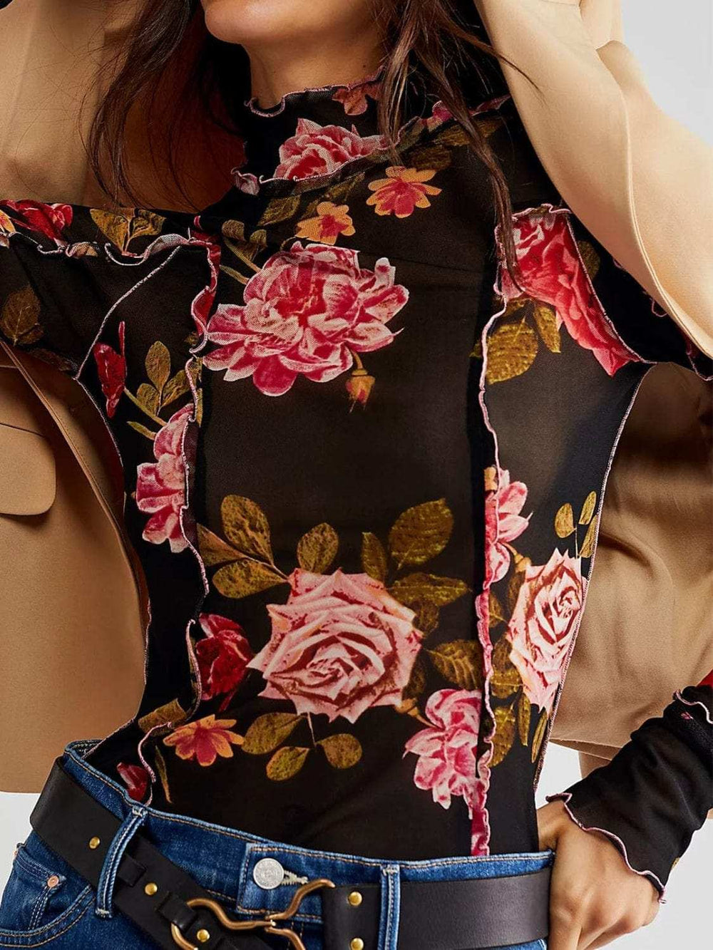 Floral Mock Neck Long Sleeve Top - Trendsi - Flyclothing LLC