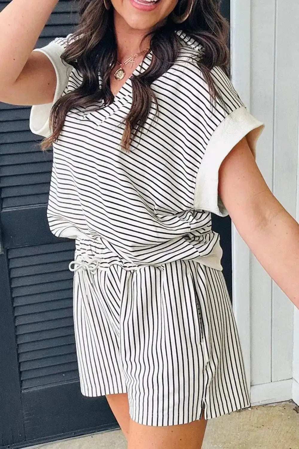 Stripe V Neck Tee and Casual Shorts Set - Trendsi - Flyclothing LLC
