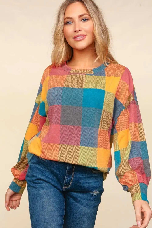 Haptics Round Neck Color Block Plaid Top - Trendsi - Flyclothing LLC