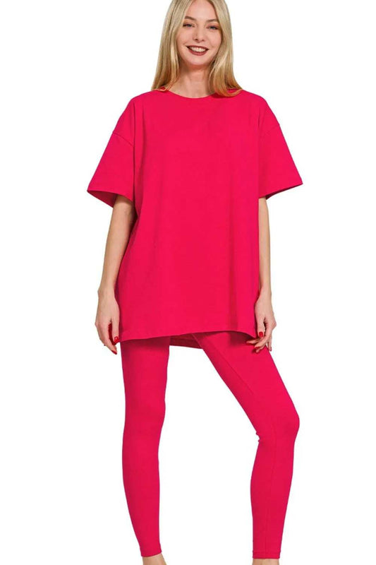 Zenana Cotton Round Neck Top & Legging Set - Trendsi - Flyclothing LLC