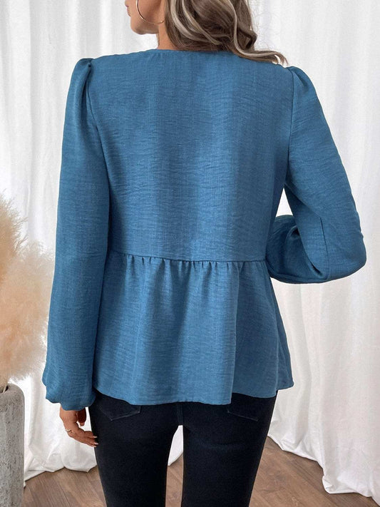 Peplum Tie Neck Balloon Sleeve Blouse - Trendsi - Flyclothing LLC