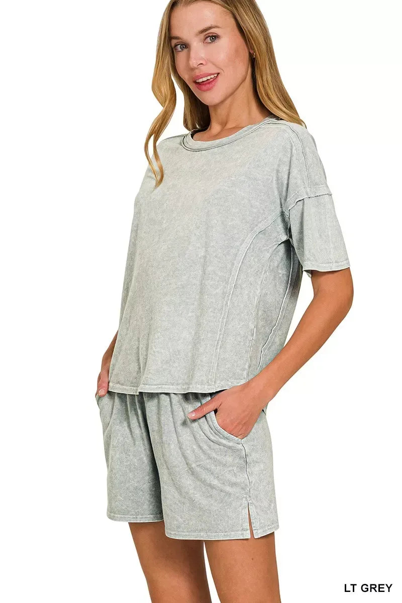 Zenana Halo Snow Washed Short Sleeve Tee and Shorts Set - Trendsi - Flyclothing LLC
