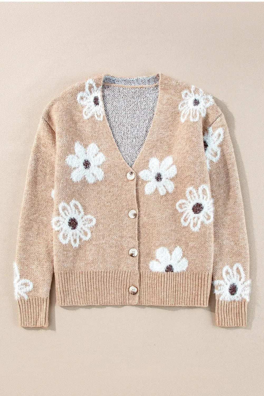 Flower Button Up Long Sleeve Cardigan - Trendsi - Flyclothing LLC