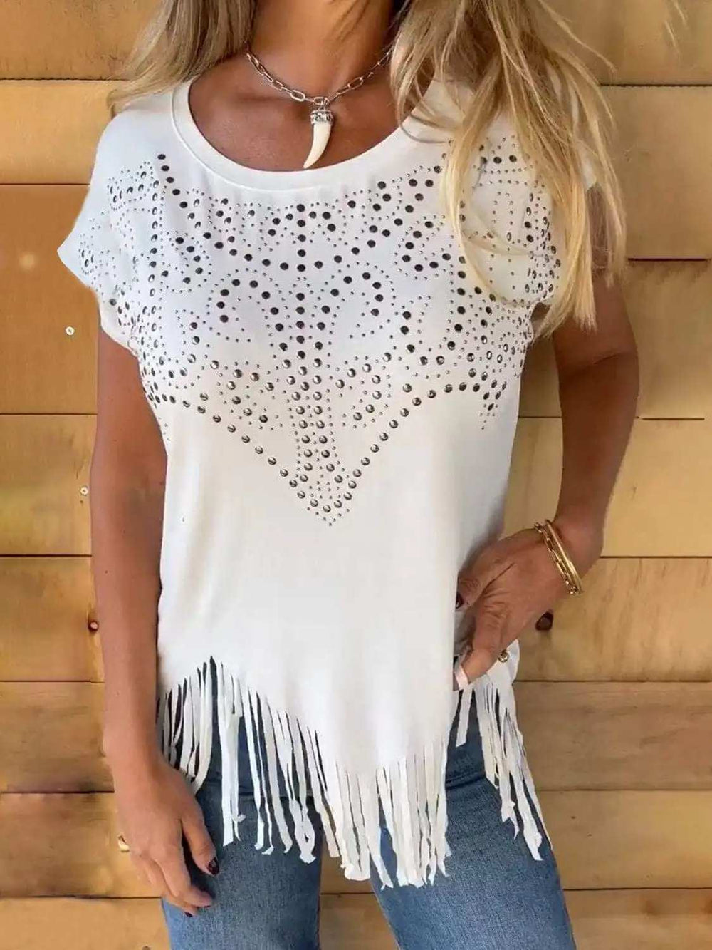 Studded Fringe Round Neck Cap Sleeve T-Shirt - Trendsi - Flyclothing LLC