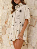 Printed Collared Neck Half Sleeve Romper - Trendsi - Flyclothing LLC