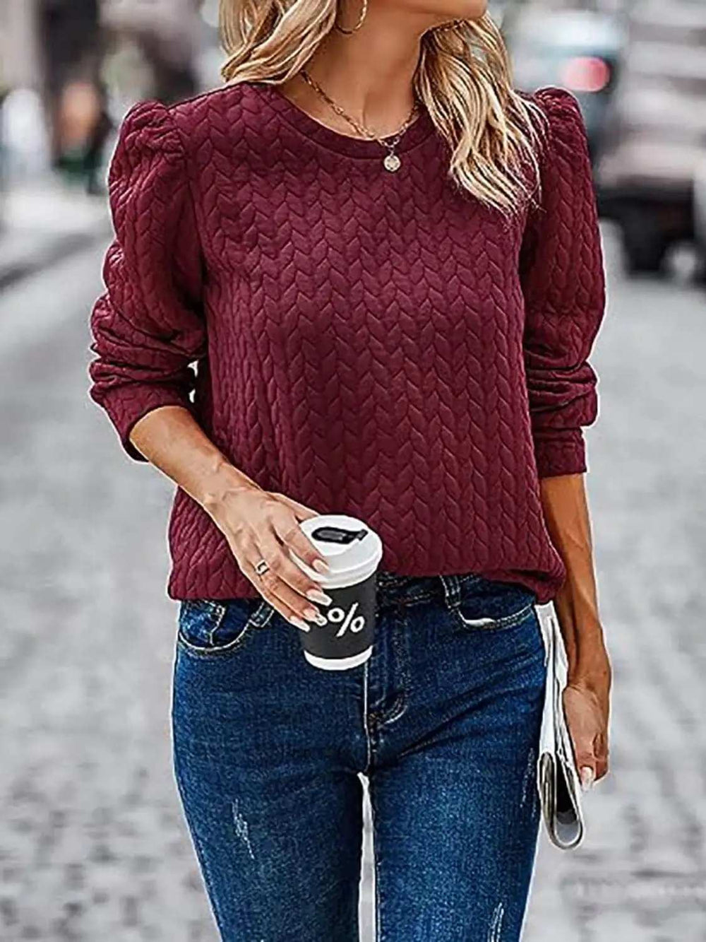 Textured Round Neck Long Sleeve Sweatshirt - Trendsi - Flyclothing LLC