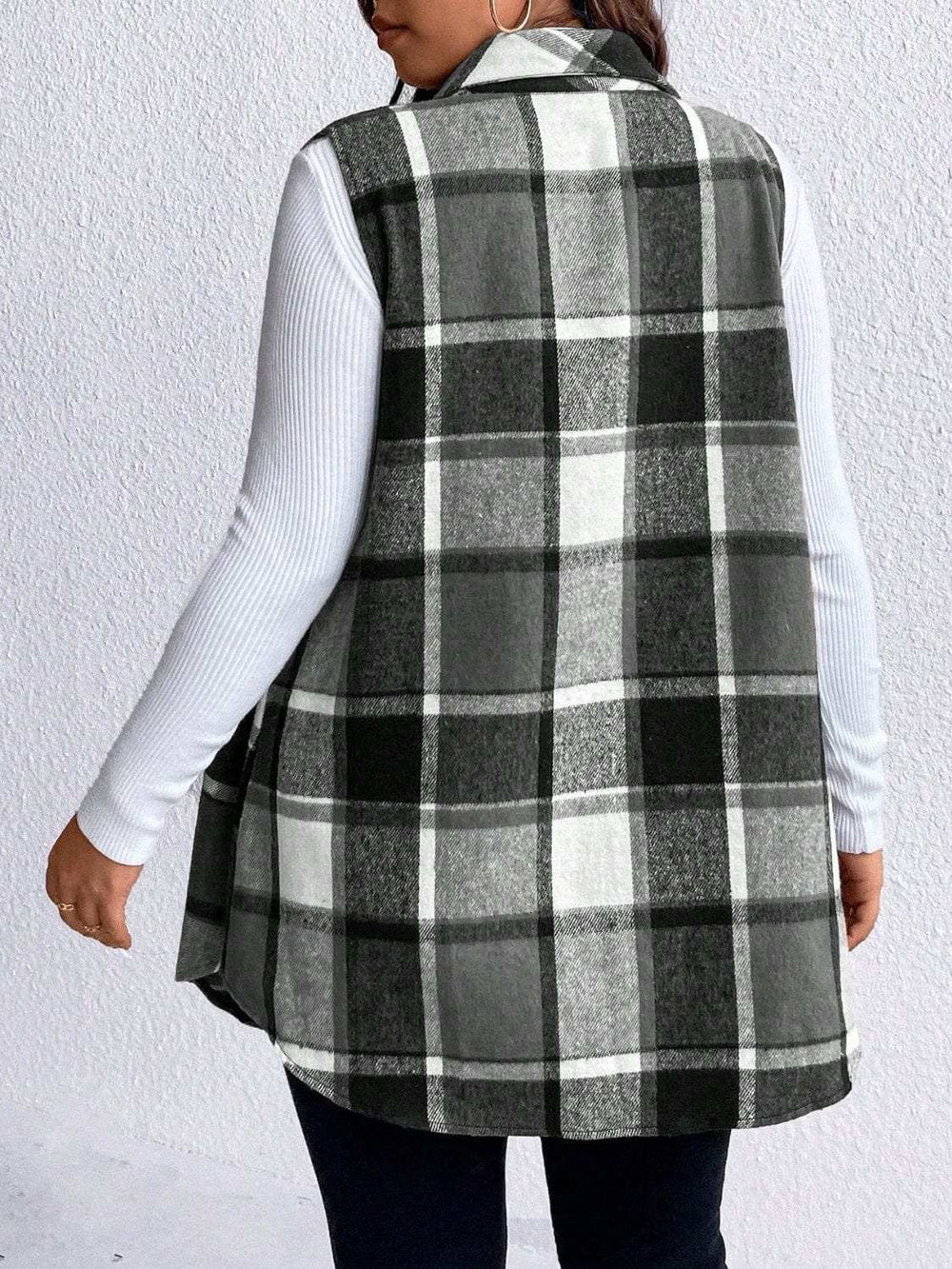 Honey Plus Size Pocketed Plaid Button Up Vest Coat - Trendsi - Flyclothing LLC