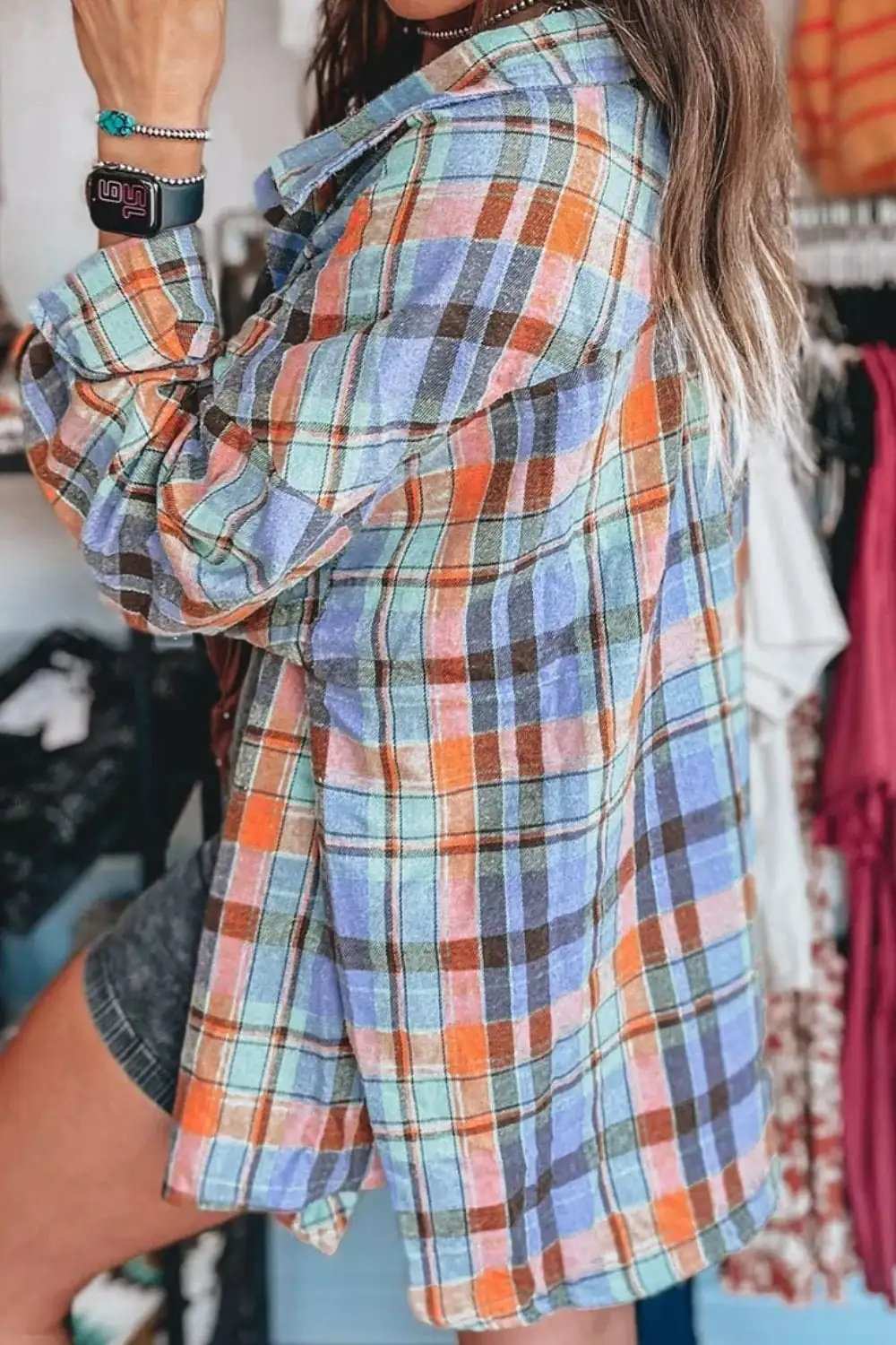 Plaid Collared Neck Long Sleeve Shirt - Trendsi - Flyclothing LLC