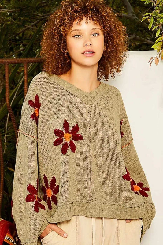 POL V-Neck Floral Pattern Chenille Sweater - Trendsi - Flyclothing LLC