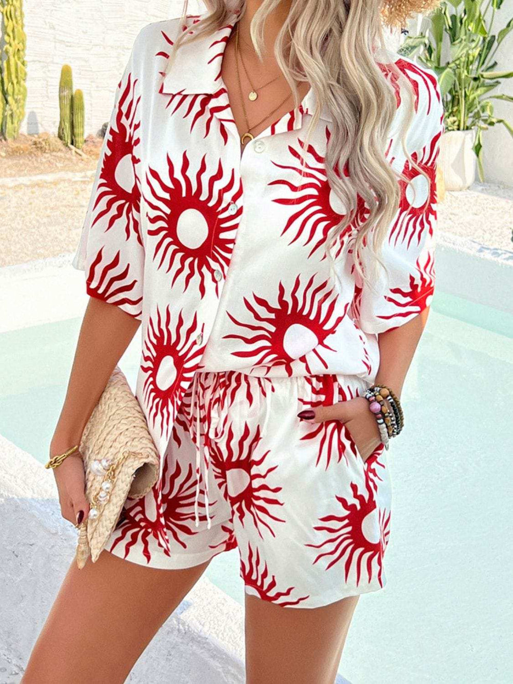 Devine Printed Collared Neck Half Sleeve Top and Shorts Set - Trendsi - Flyclothing LLC