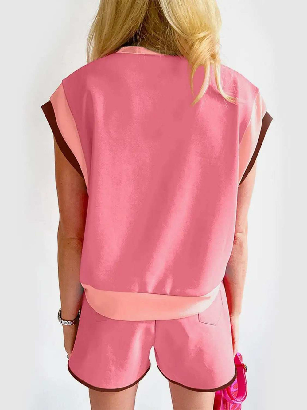 Contrast Round Neck Top and Shorts Set - Trendsi - Flyclothing LLC