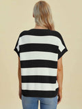 Double Take Full Size Striped V-Neck Short Sleeve Sweater - Trendsi - Flyclothing LLC