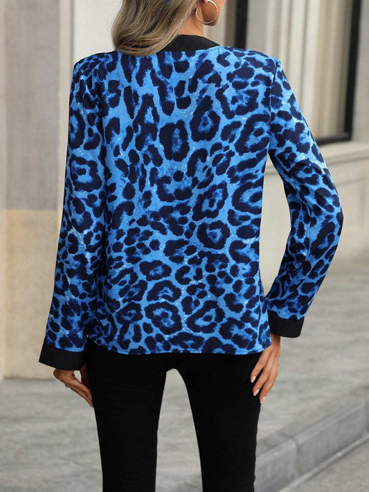 Leopard Notched Long Sleeve Blouse - Trendsi - Flyclothing LLC