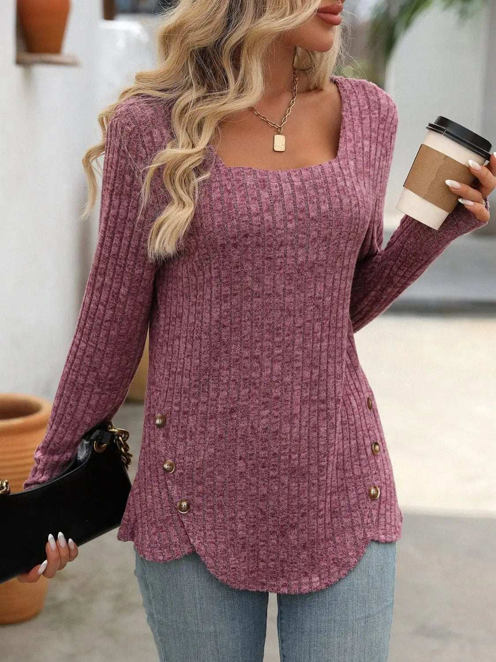 Square Neck Long Sleeve T-Shirt - Trendsi - Flyclothing LLC