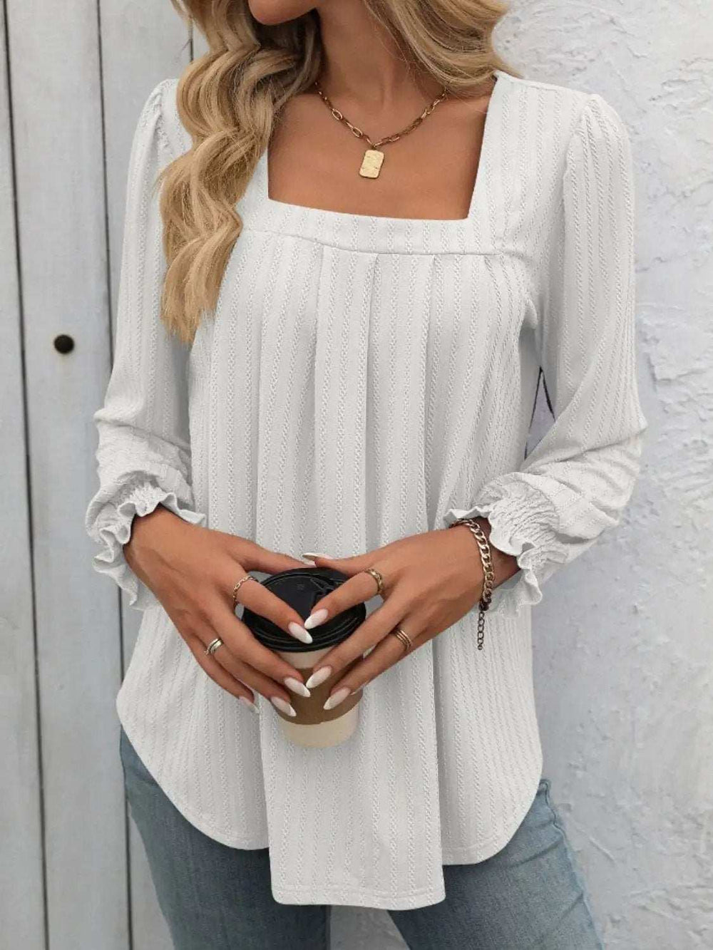 Square Neck Long Sleeve Top - Trendsi - Flyclothing LLC