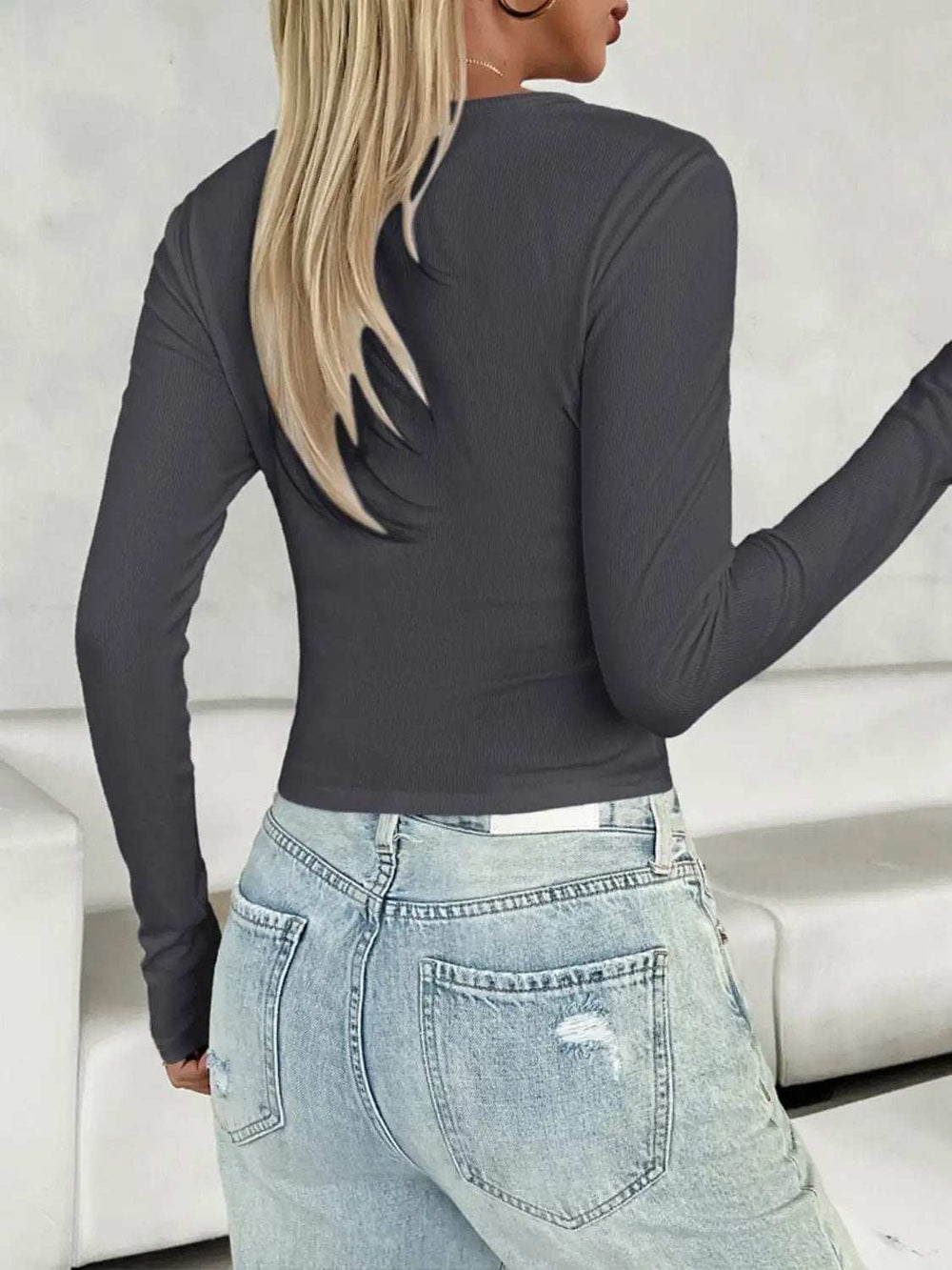 V-Neck Long Sleeve T-Shirt - Trendsi - Flyclothing LLC