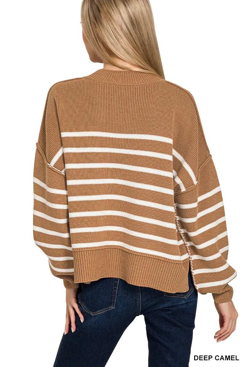 Zenana Exposed Seam Striped Oversized Sweater - Trendsi - Flyclothing LLC