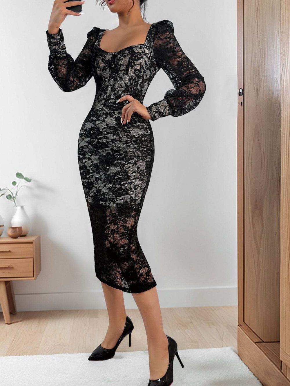 Perfee Lace Sweetheart Neck Long Sleeve Midi Dress - Trendsi - Flyclothing LLC