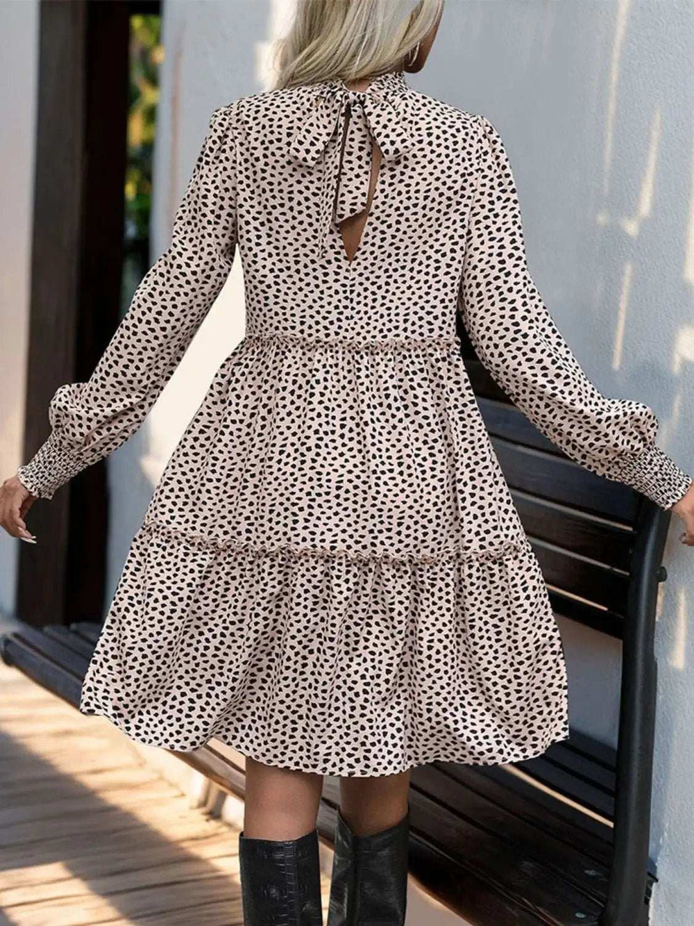 Frill Printed Mock Neck Long Sleeve Mini Dress - Trendsi - Flyclothing LLC