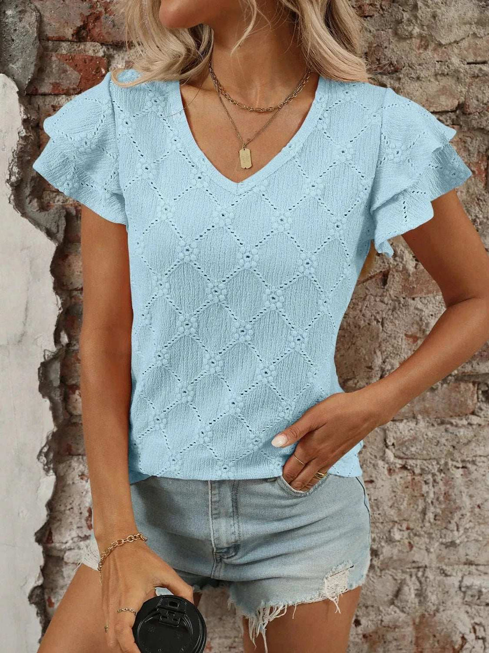 Eyelet V-Neck Ruffled Cap Sleeve Top - Trendsi - Flyclothing LLC