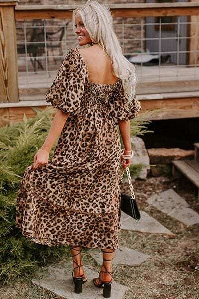 Leopard Square Neck Puff Sleeve Maxi Dress - Trendsi - Flyclothing LLC