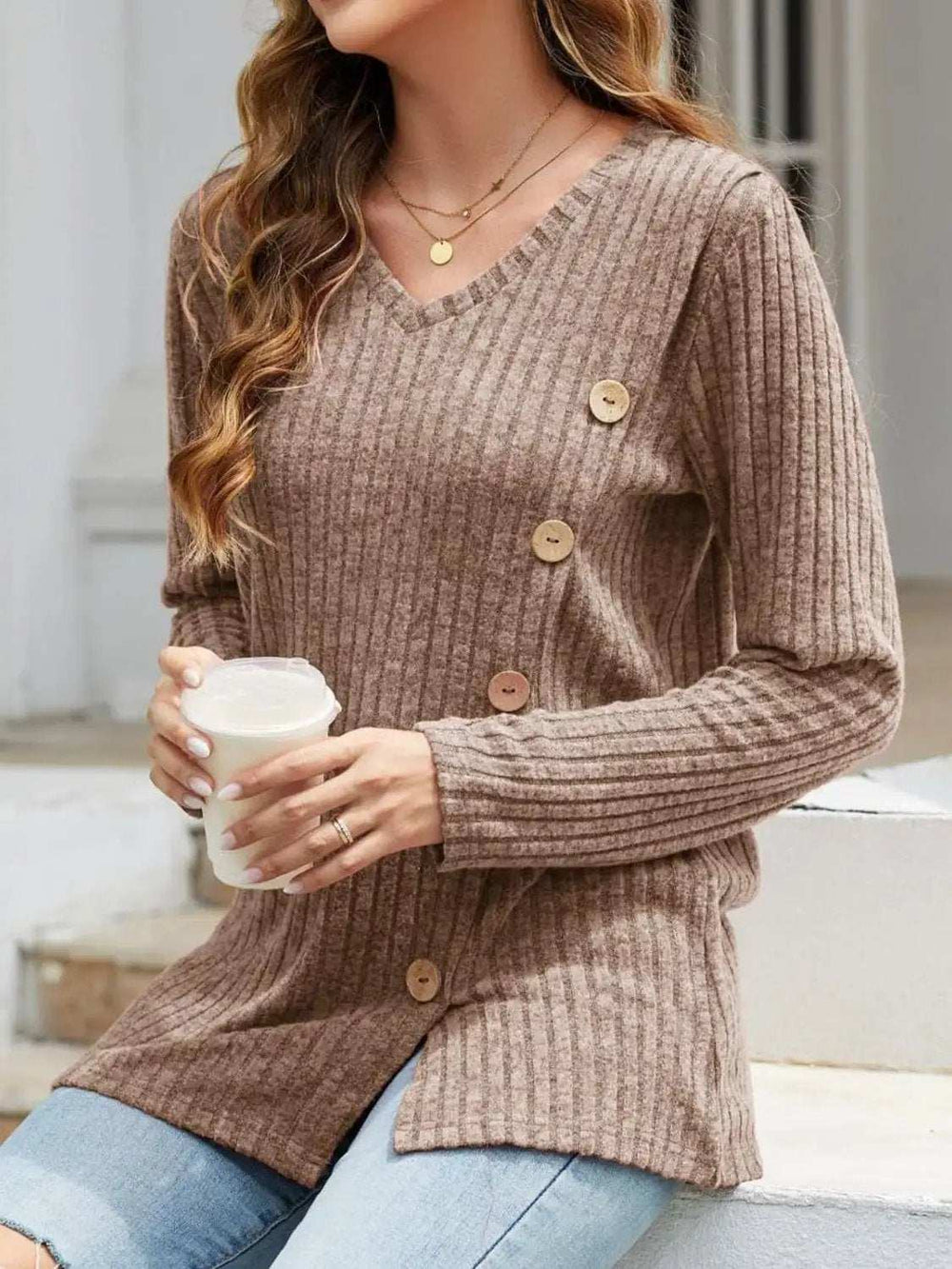 V-Neck Long Sleeve T-Shirt - Trendsi - Flyclothing LLC