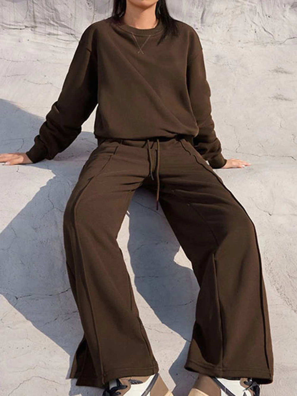 Round Neck Long Sleeve Top and Elastic Waist Pants Set - Trendsi - Flyclothing LLC