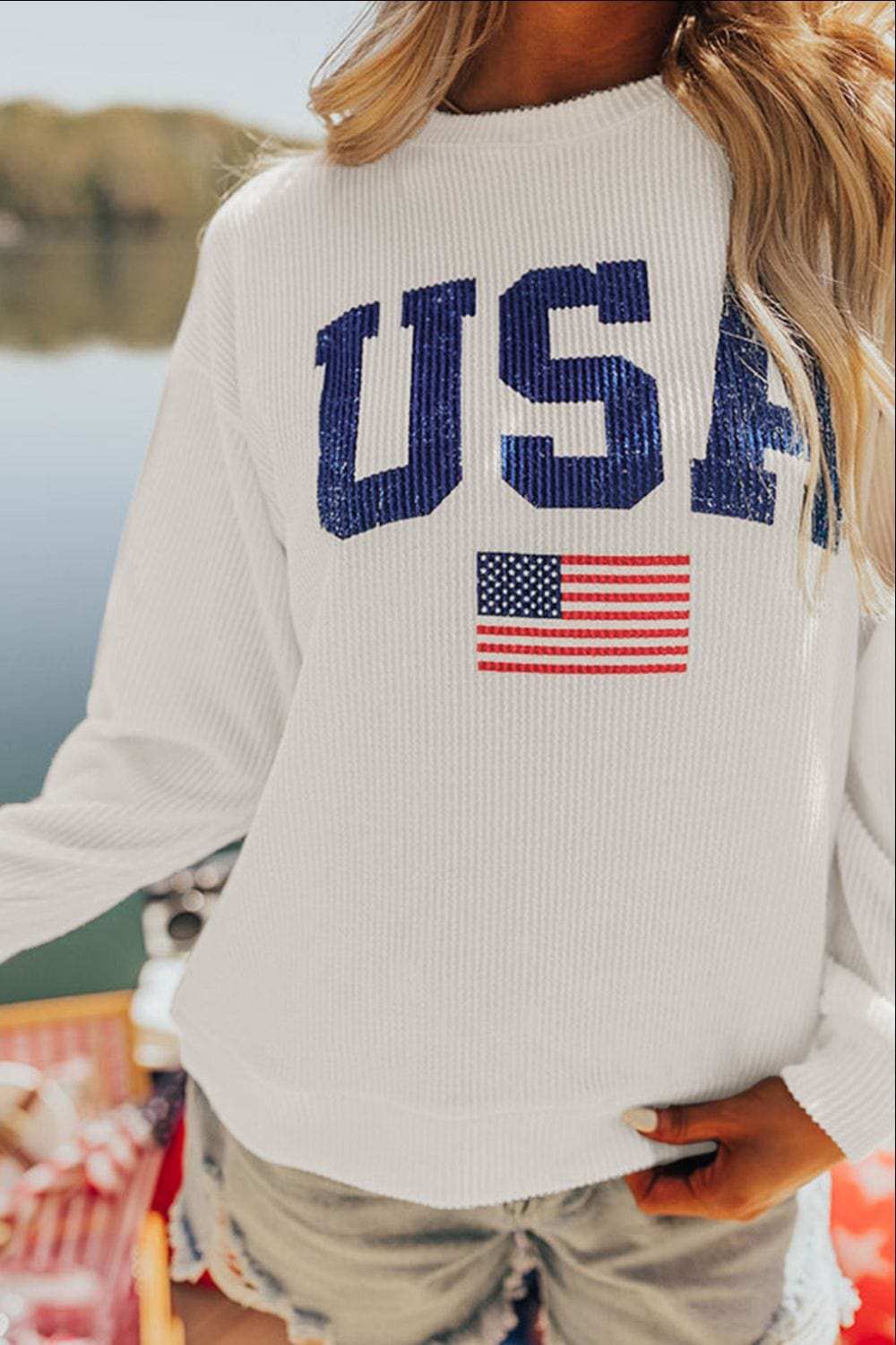 US Flag Corded Long Sleeve Sweatshirt - Trendsi - Flyclothing LLC
