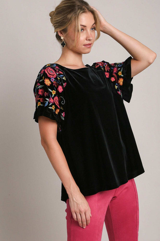 Umgee Full Size Velvet Embroidery Short Sleeve Blouse - Trendsi - Flyclothing LLC