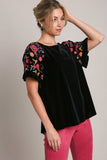 Umgee Full Size Velvet Embroidery Short Sleeve Blouse - Trendsi - Flyclothing LLC