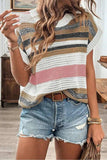 Stripe Color Block Eyelet Knit Short Sleeve Knit Top - Trendsi - Flyclothing LLC