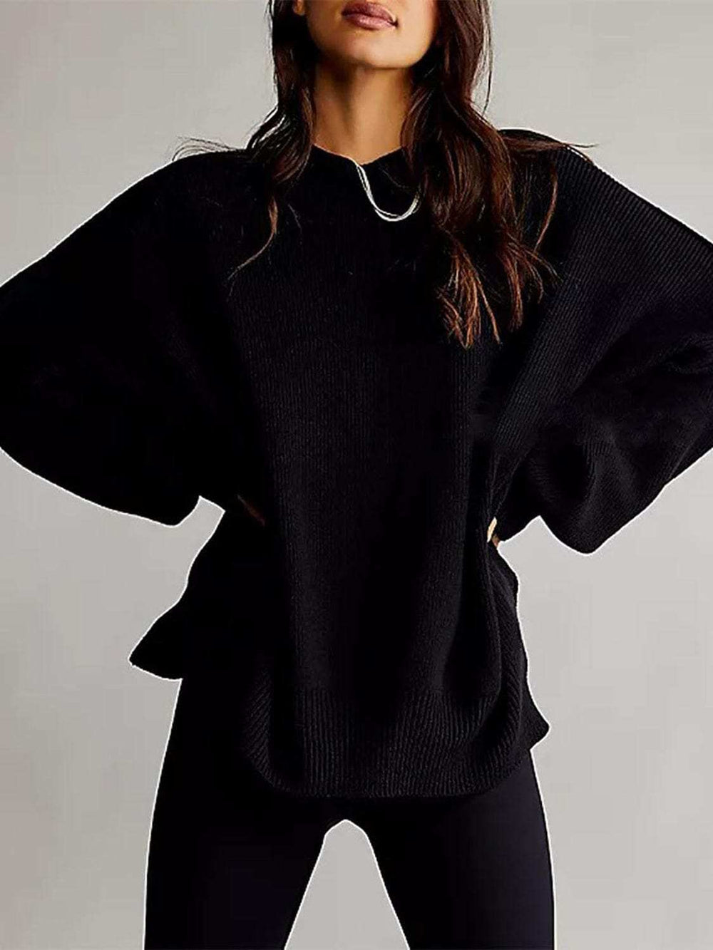 Round Neck Long Sleeve Sweater - Trendsi - Flyclothing LLC