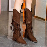 Fringed Point Toe Block Heel Boots - Trendsi - Flyclothing LLC