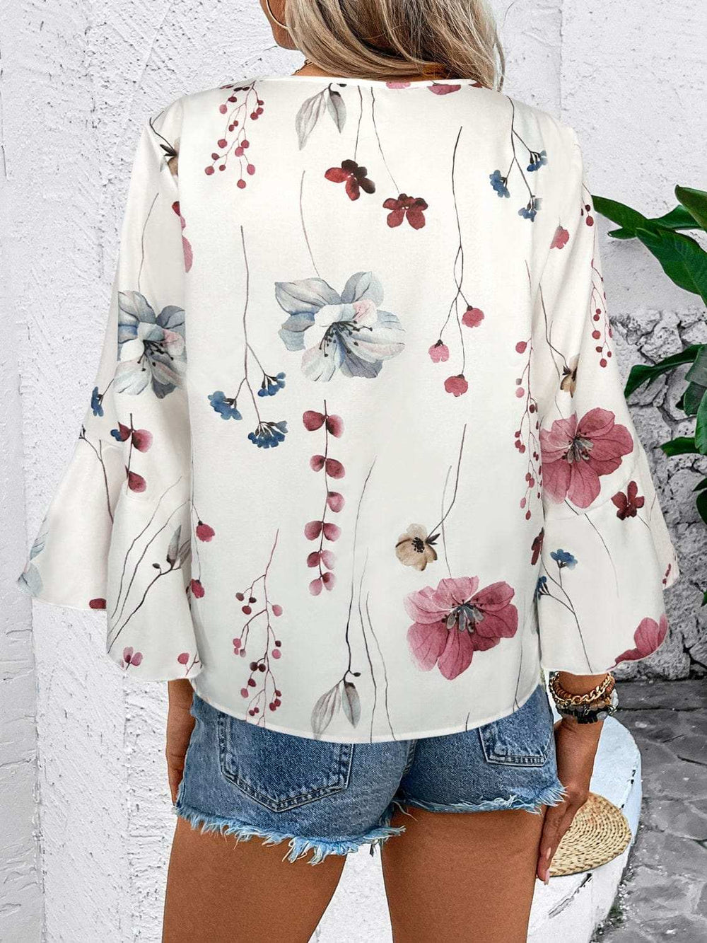 Ruffled Printed V-Neck Half Sleeve Blouse - Trendsi - Flyclothing LLC