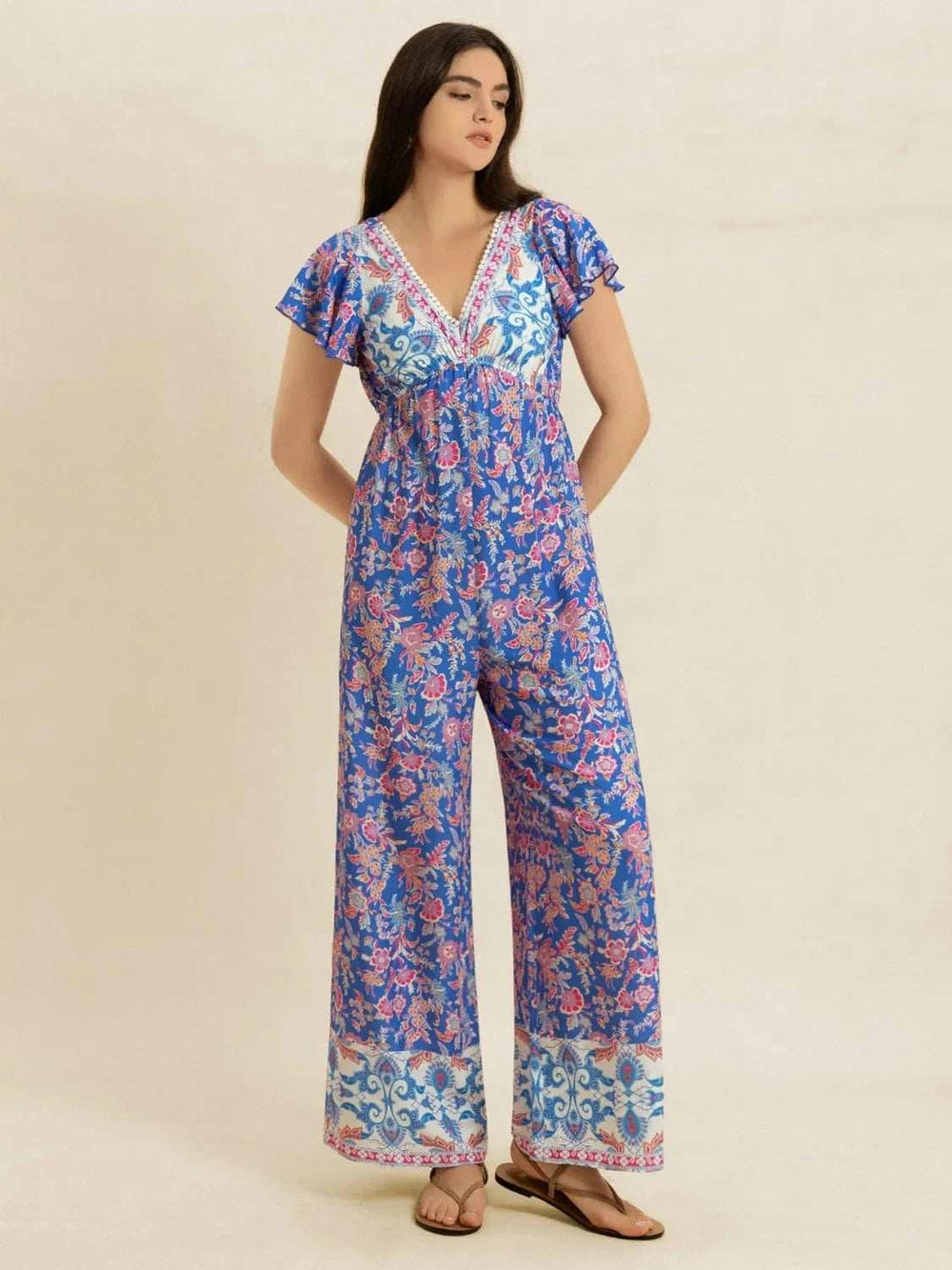 Printed V-Neck Wide Leg Jumpsuit - Trendsi - Flyclothing LLC