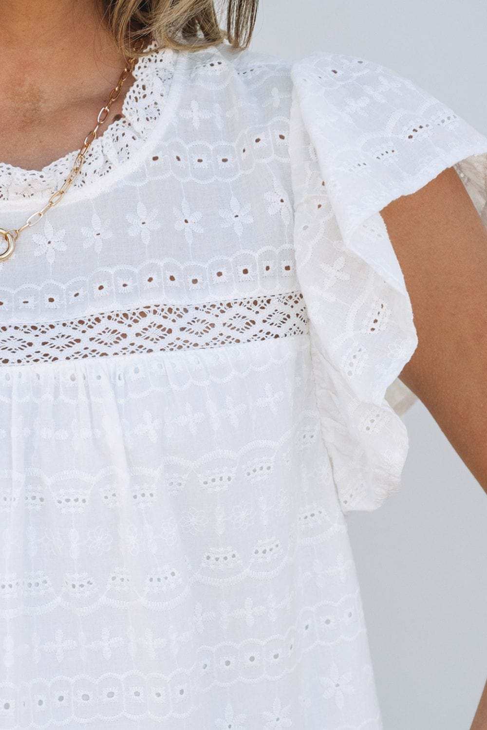 Lace Round Neck Flutter Sleeve Eyelet Blouse - Trendsi - Flyclothing LLC