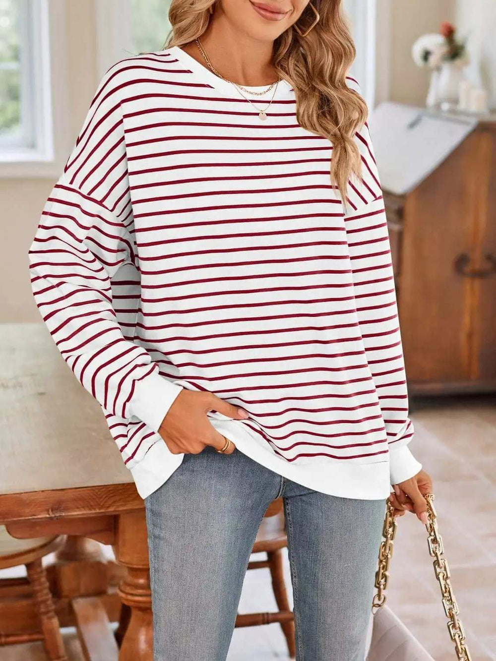 Striped Round Neck Long Sleeve Sweatshirt - Trendsi - Flyclothing LLC