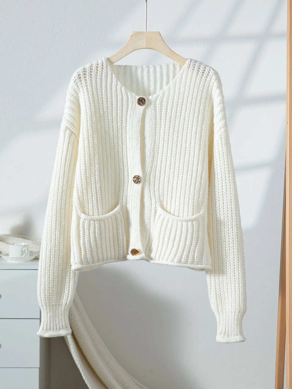 Button-Front Knit Cardigan with Pockets - Trendsi - Flyclothing LLC