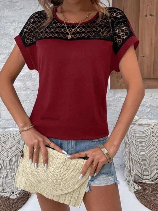 Contrast Lace Round Neck Short Sleeve Blouse - Trendsi - Flyclothing LLC