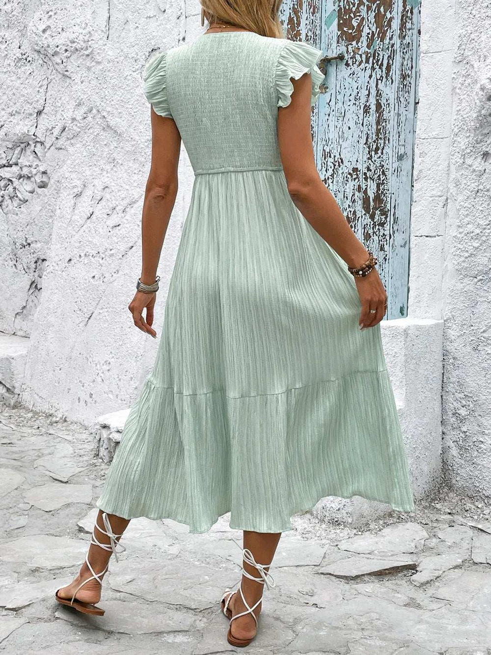V-Neck Ruffled Cap Sleeve Dress - Trendsi - Flyclothing LLC