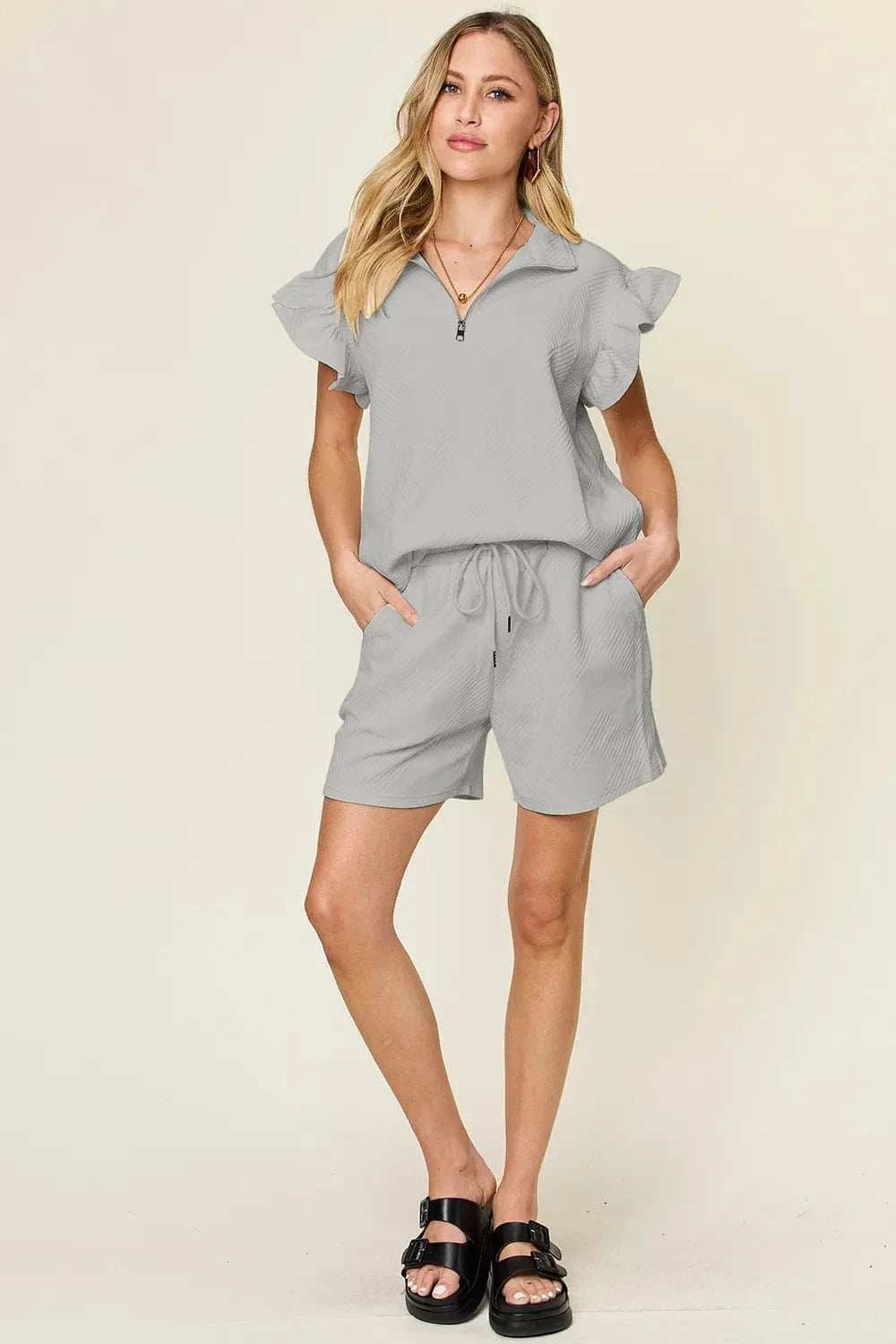 Double Take Full Size Texture Flounce Sleeve Top and Drawstring Shorts Set - Trendsi - Flyclothing LLC
