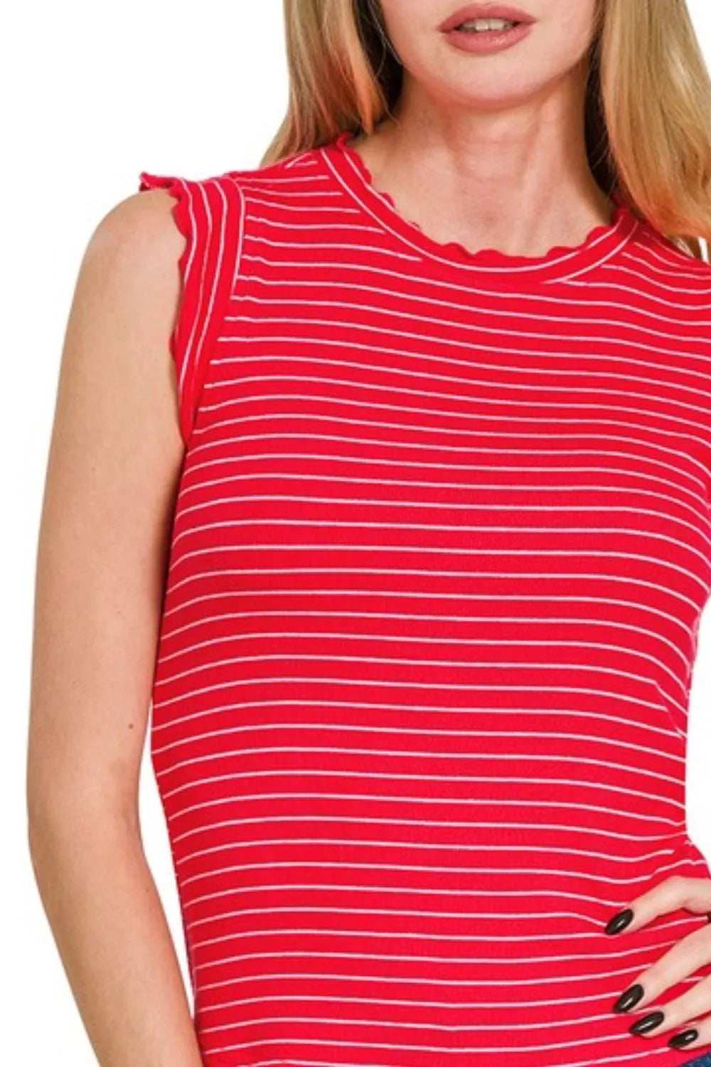 Zenana Ribbed Ruffle Trim Sleeveless Stripe Top - Trendsi - Flyclothing LLC