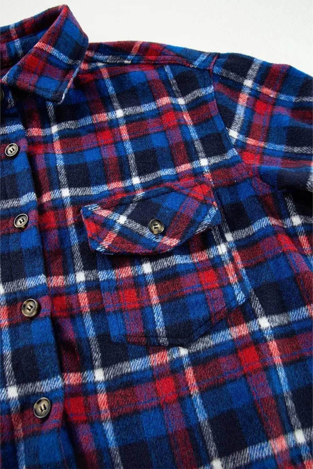 Pocketed Plaid Collared Neck Long Sleeve Shacket - Trendsi - Flyclothing LLC