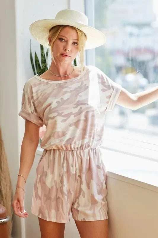 BiBi Camo Print French Terry Romper with Side Pockets - Trendsi - Flyclothing LLC