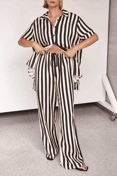 Striped Collared Neck Half Sleeve Top and Pants Set - Trendsi - Flyclothing LLC