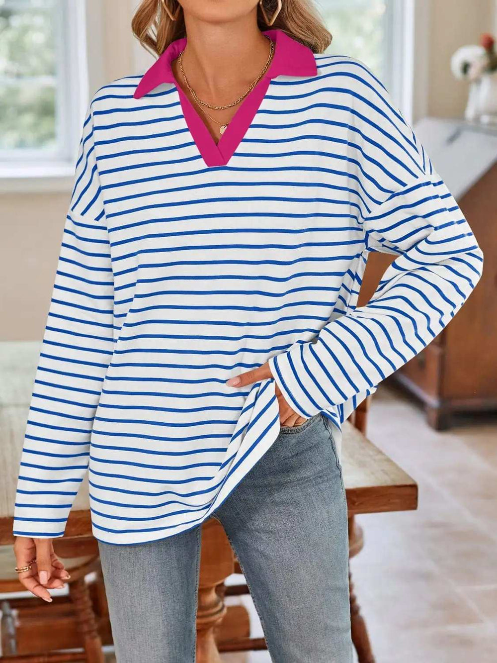 Striped Johnny Collar Long Sleeve T-Shirt - Trendsi - Flyclothing LLC