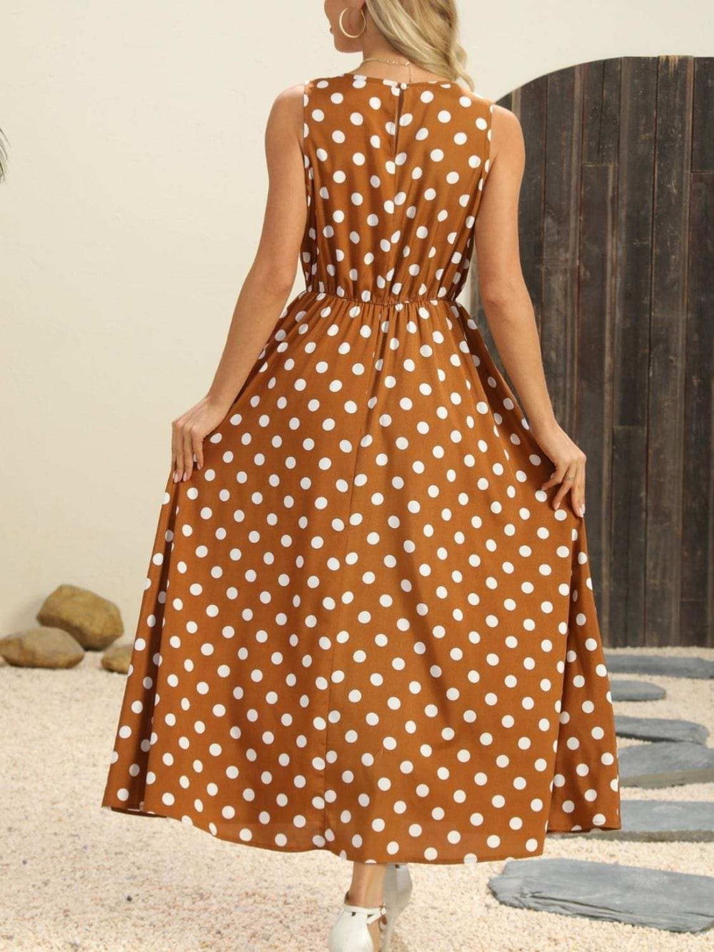 Polka Dot Round Neck Sleeveless Midi Dress - Trendsi - Flyclothing LLC