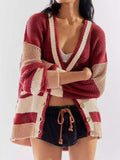Pocketed Contrast V-Neck Long Sleeve Cardigan - Trendsi - Flyclothing LLC