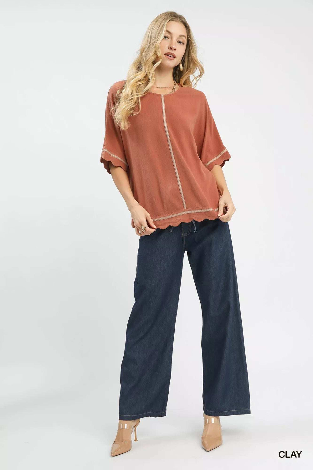 Umgee Linen Blend Scallop Trim Top - Trendsi - Flyclothing LLC